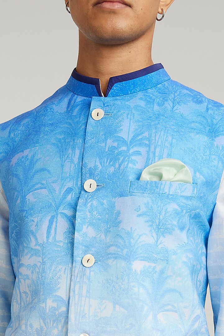 Cobalt Blue Cotton Silk Digital Printed Bundi Jacket by Bubber Couture at Pernia's Pop Up Shop
