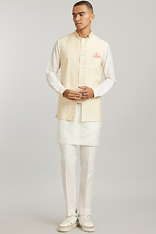 Yellow Cotton Silk Digital Printed Layered Bundi Jacket by Bubber Couture