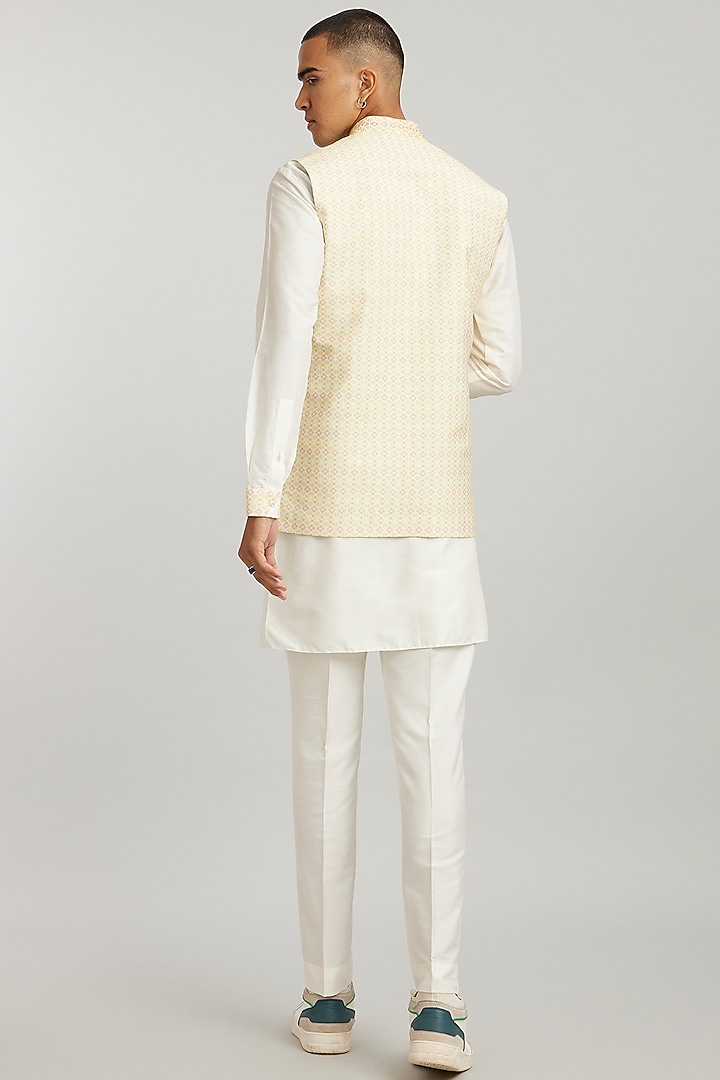 Yellow Cotton Silk Digital Printed Layered Bundi Jacket by Bubber Couture at Pernia's Pop Up Shop