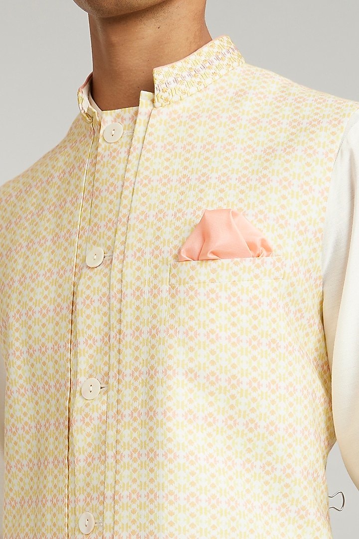 Yellow Cotton Silk Digital Printed Layered Bundi Jacket by Bubber Couture at Pernia's Pop Up Shop