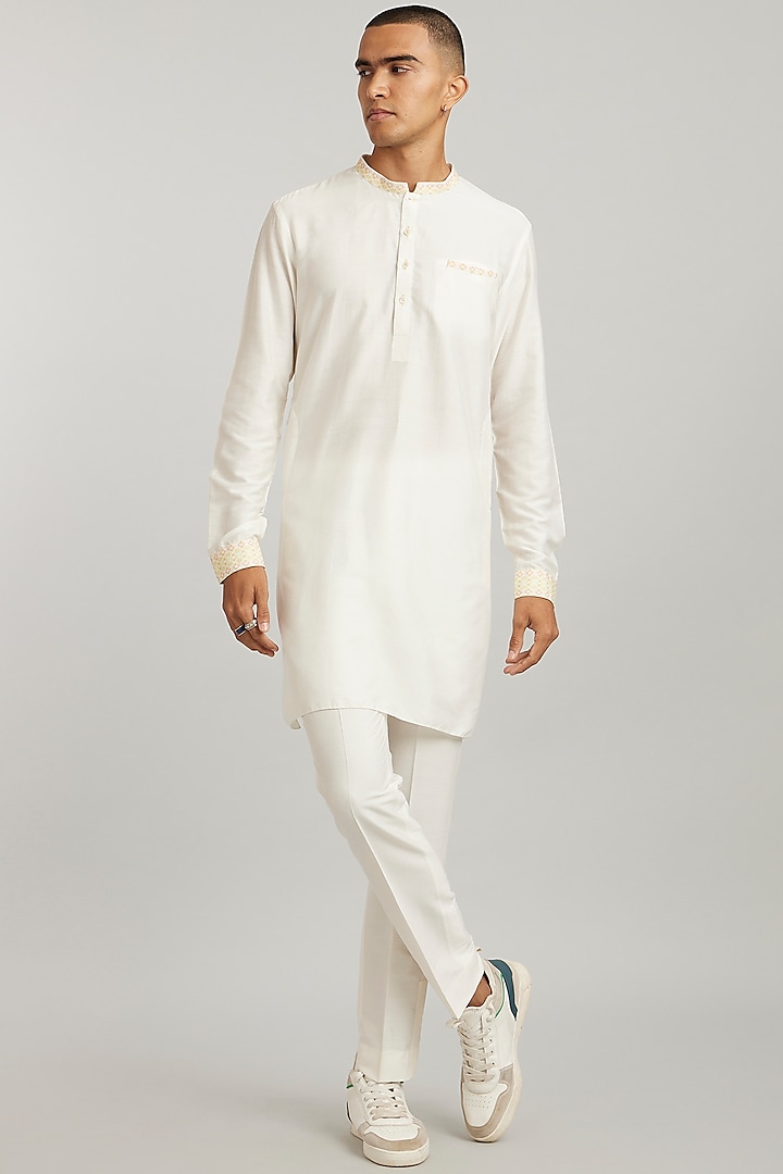 Off-White Cotton Silk Pathani Dashiki Kurta Set by Bubber Couture