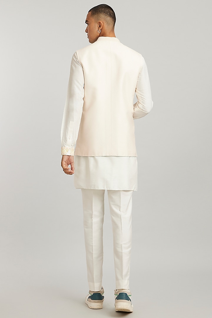 Pastel Pink Jacquard Silk Digital Printed Bundi Jacket by Bubber Couture at Pernia's Pop Up Shop
