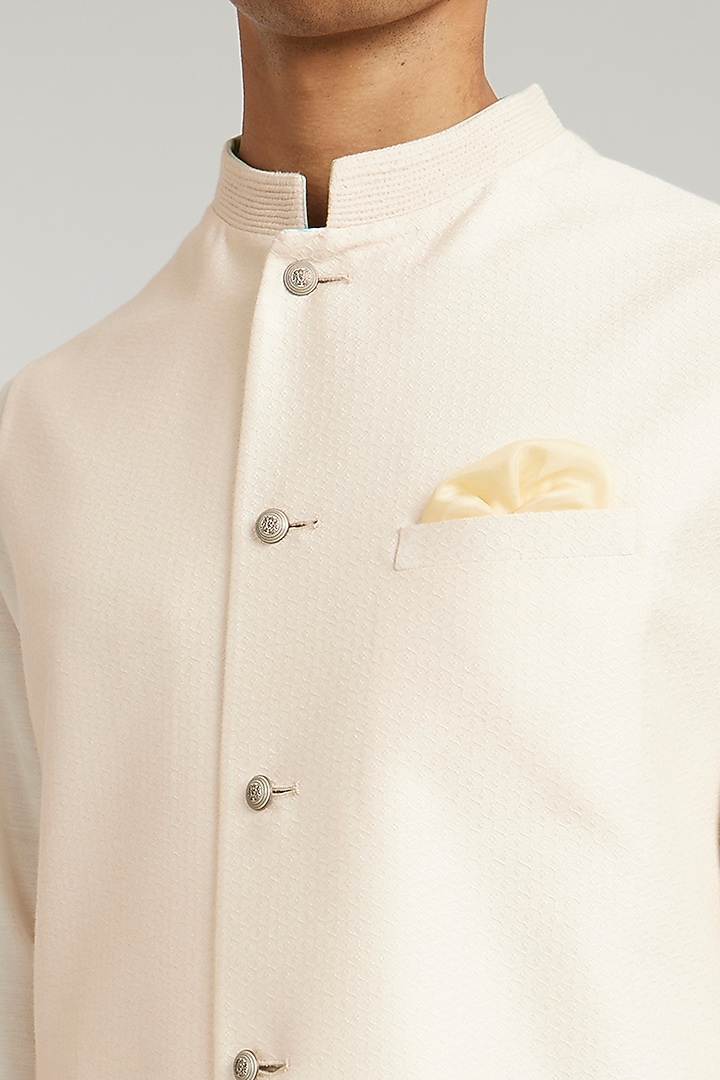 Pastel Pink Jacquard Silk Digital Printed Bundi Jacket by Bubber Couture at Pernia's Pop Up Shop