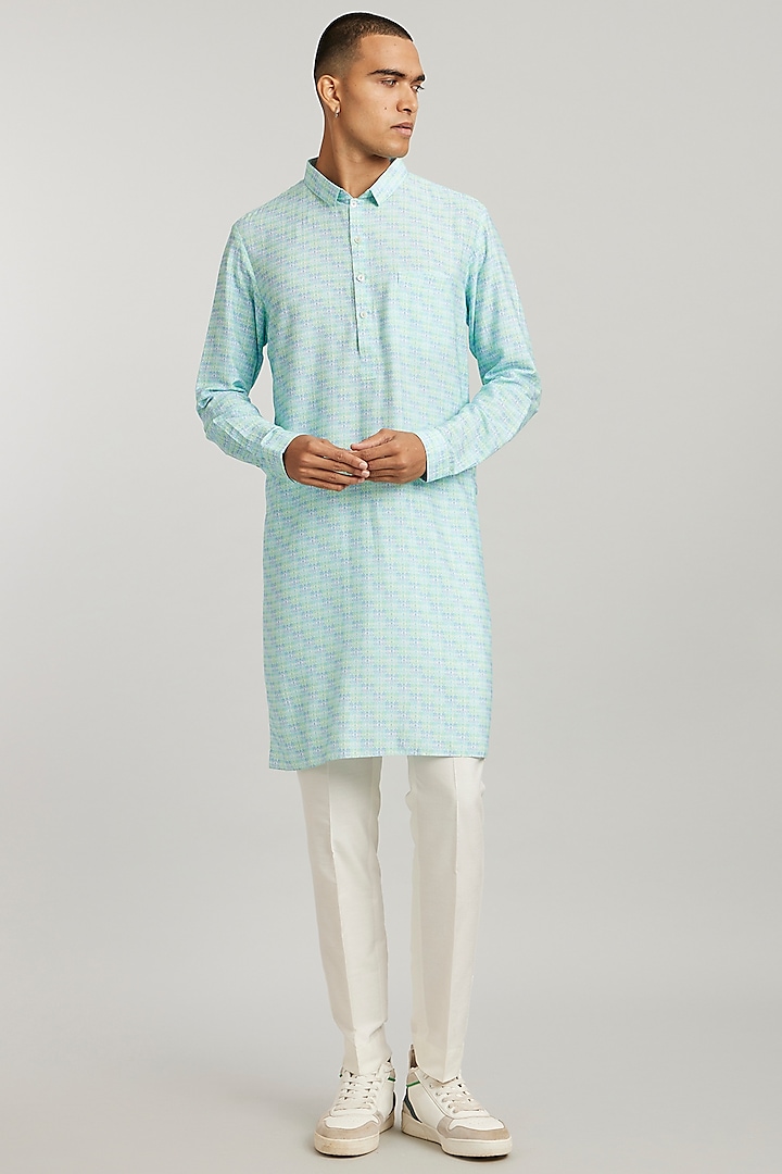 Green Cotton Silk Digital Printed Pathani Kurta Set by Bubber Couture