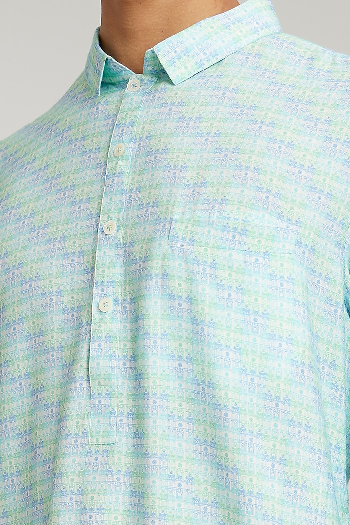 Green Cotton Silk Digital Printed Pathani Kurta Set by Bubber Couture at Pernia's Pop Up Shop