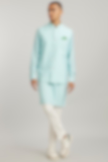 Green Cotton Silk Digital Printed Bundi Jacket by Bubber Couture