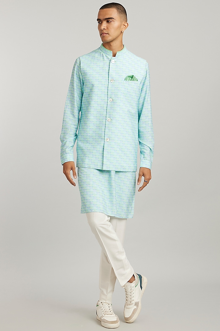 Green Cotton Silk Digital Printed Bundi Jacket by Bubber Couture