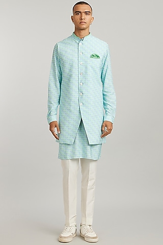Green Cotton Silk Digital Printed Sleeveless Indowestern Jacket  by Bubber Couture