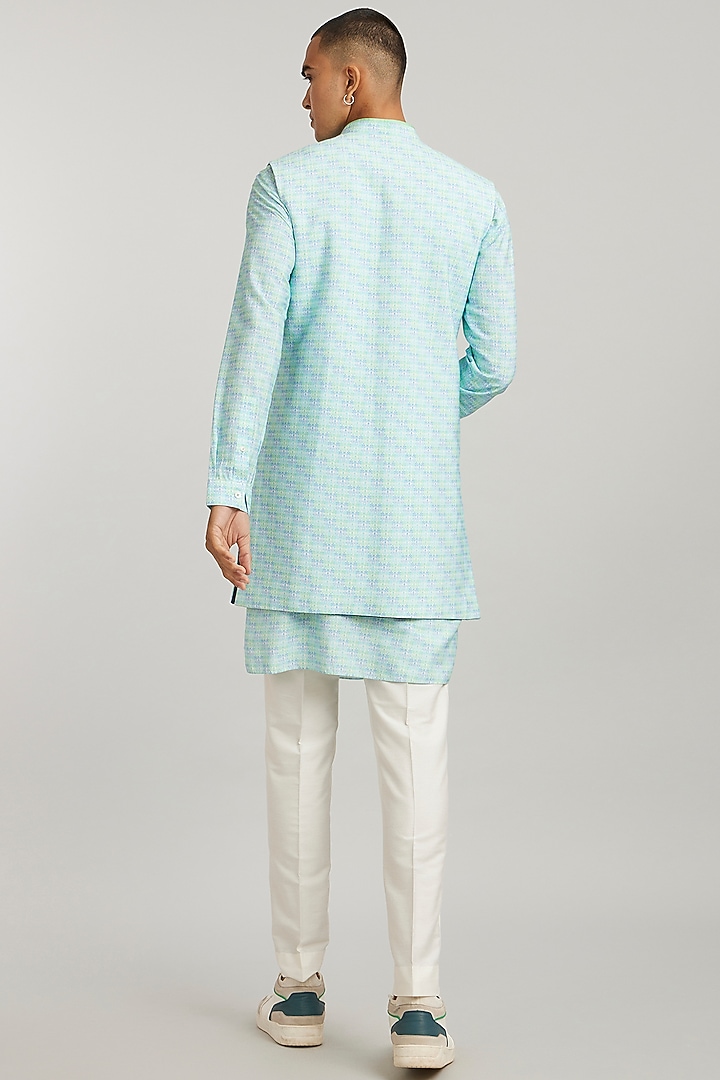 Green Cotton Silk Digital Printed Sleeveless Wedding Indowestern Jacket by Bubber Couture at Pernia's Pop Up Shop