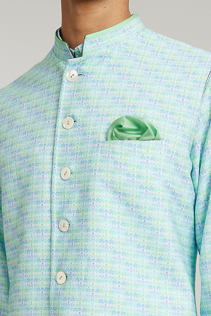 Green Cotton Silk Digital Printed Sleeveless Wedding Indowestern Jacket by Bubber Couture at Pernia's Pop Up Shop