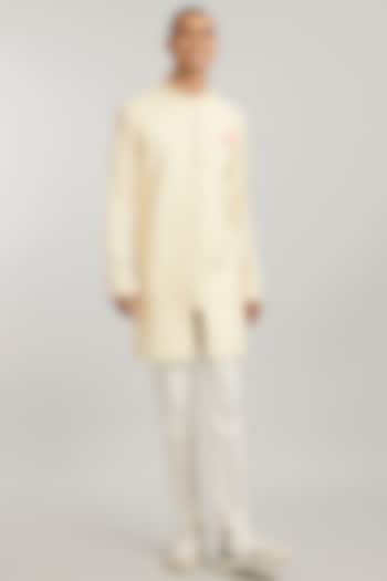 Yellow Cotton Silk Digital Printed Layered Kurta Set by Bubber Couture