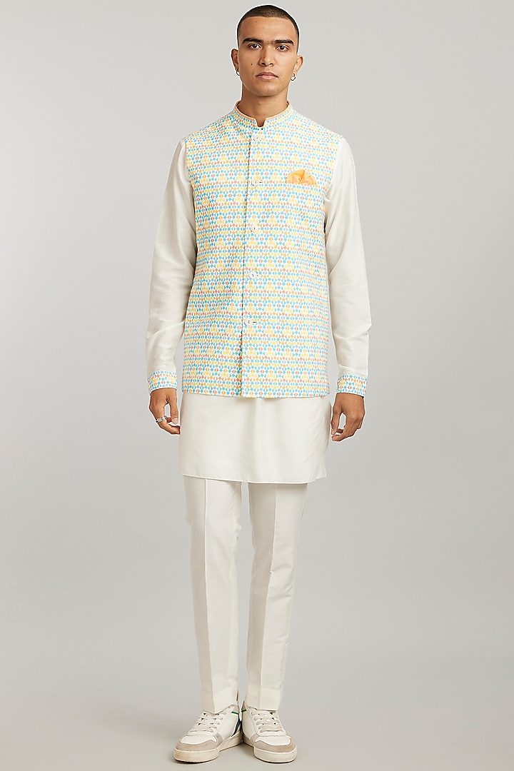 Multi-Colored Cotton Silk Digital Pixel Printed Bundi Jacket by Bubber Couture