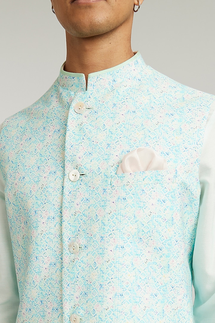 Mint Cotton Silk Digital Foliage Printed Bundi Jacket by Bubber Couture at Pernia's Pop Up Shop