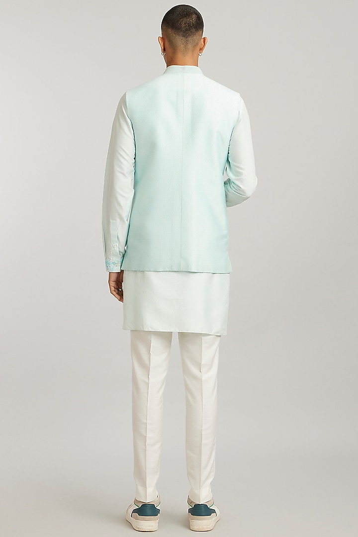 Sky Blue Jacquard Silk Bundi Jacket by Bubber Couture at Pernia's Pop Up Shop