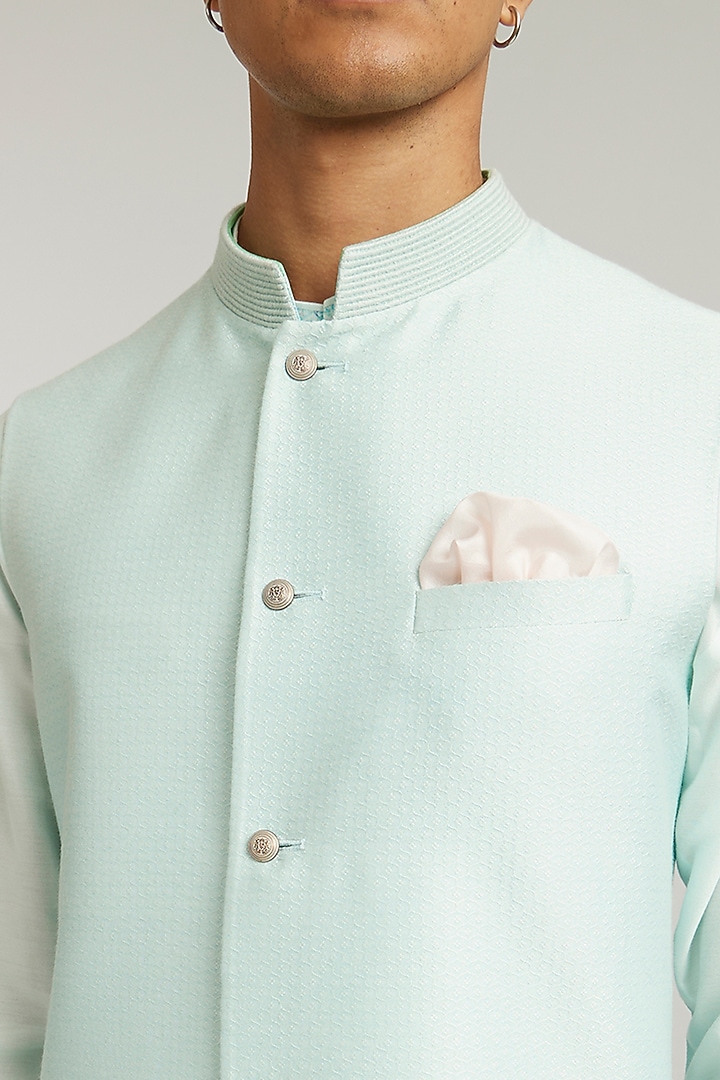 Sky Blue Jacquard Silk Bundi Jacket by Bubber Couture at Pernia's Pop Up Shop