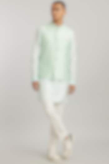 Mint Cotton Silk Digital Printed Bundi Jacket  by Bubber Couture