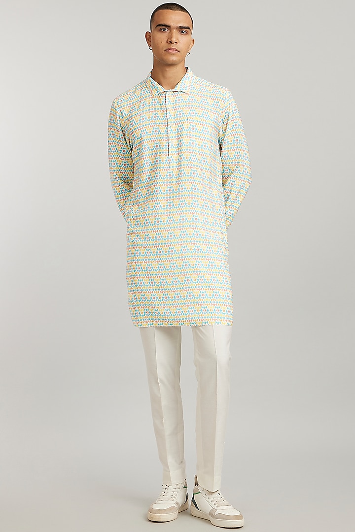 Multi-Colored Cotton Silk Digital Pixel Printed Pathani Kurta Set by Bubber Couture