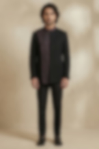 Black Crepe Wool Threadwork Groom Bandhgala Set by Bubber Couture at Pernia's Pop Up Shop