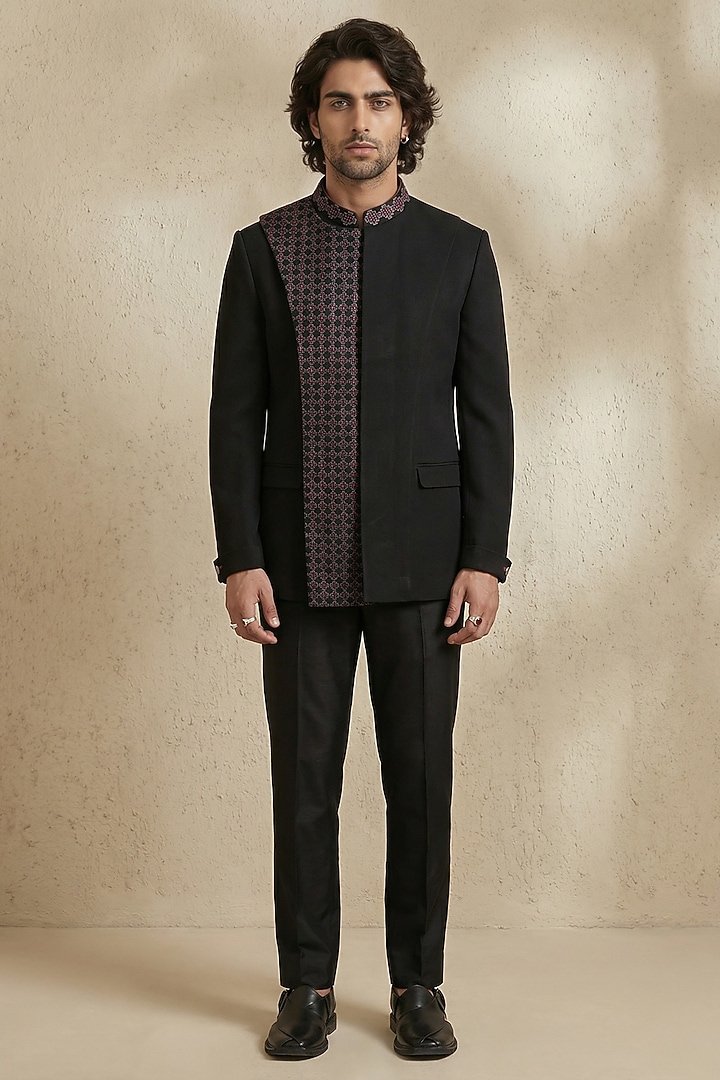 Black Crepe Wool Threadwork Groom Bandhgala Set by Bubber Couture at Pernia's Pop Up Shop