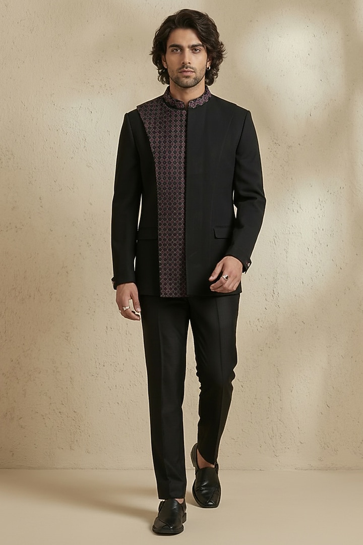 Black Crepe Wool Threadwork Groom Bandhgala Set by Bubber Couture at Pernia's Pop Up Shop