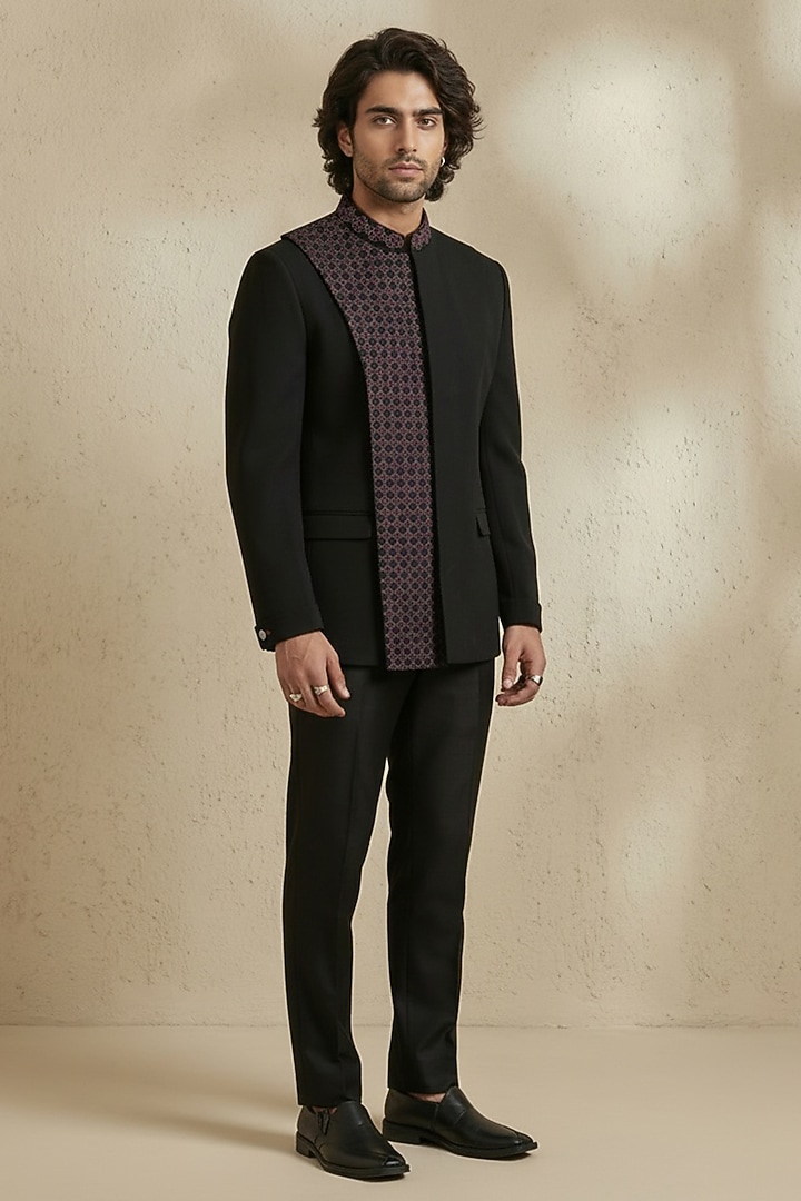 Black Crepe Wool Threadwork Groom Bandhgala Set by Bubber Couture at Pernia's Pop Up Shop