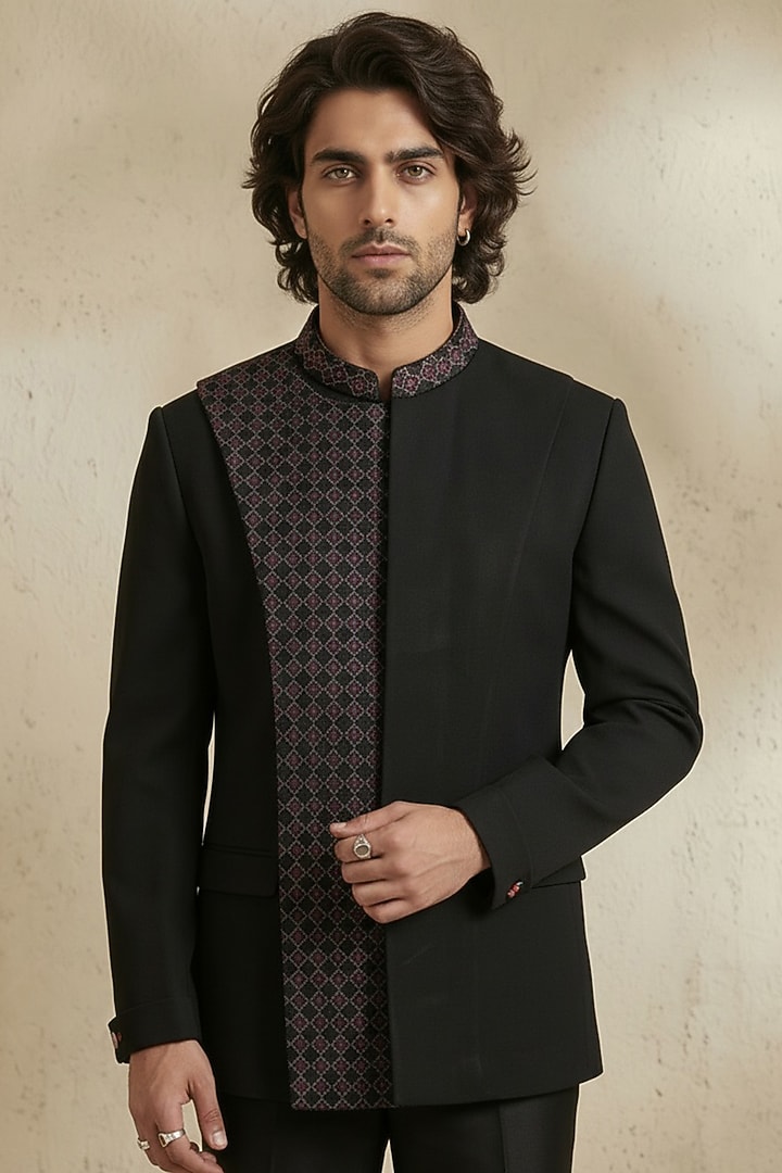 Black Crepe Wool Threadwork Groom Bandhgala Set by Bubber Couture at Pernia's Pop Up Shop