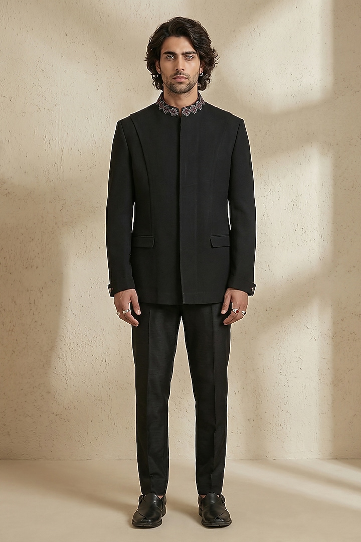 Black Crepe Wool Threadwork Groom Bandhgala Set by Bubber Couture at Pernia's Pop Up Shop