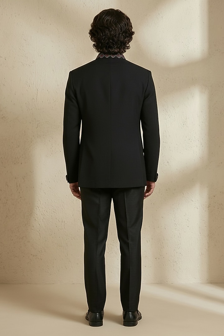 Black Crepe Wool Threadwork Groom Bandhgala Set by Bubber Couture at Pernia's Pop Up Shop