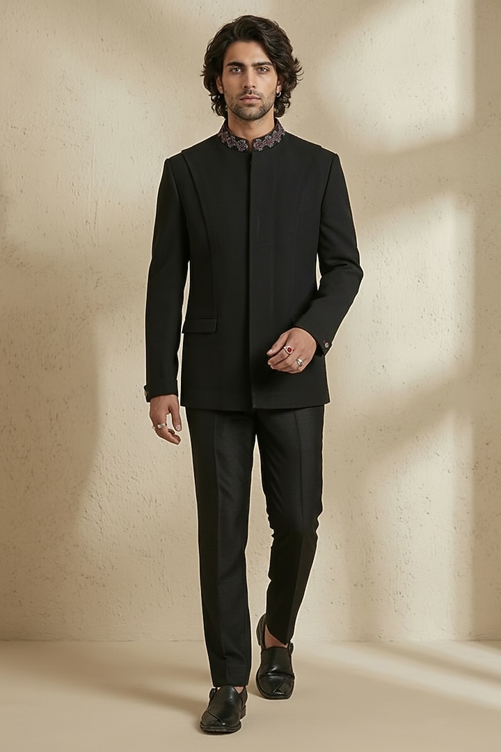 Black Crepe Wool Threadwork Groom Bandhgala Set by Bubber Couture at Pernia's Pop Up Shop