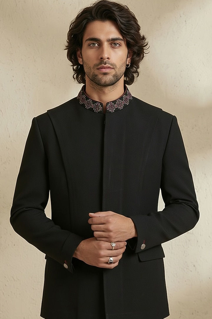 Black Crepe Wool Threadwork Groom Bandhgala Set by Bubber Couture at Pernia's Pop Up Shop