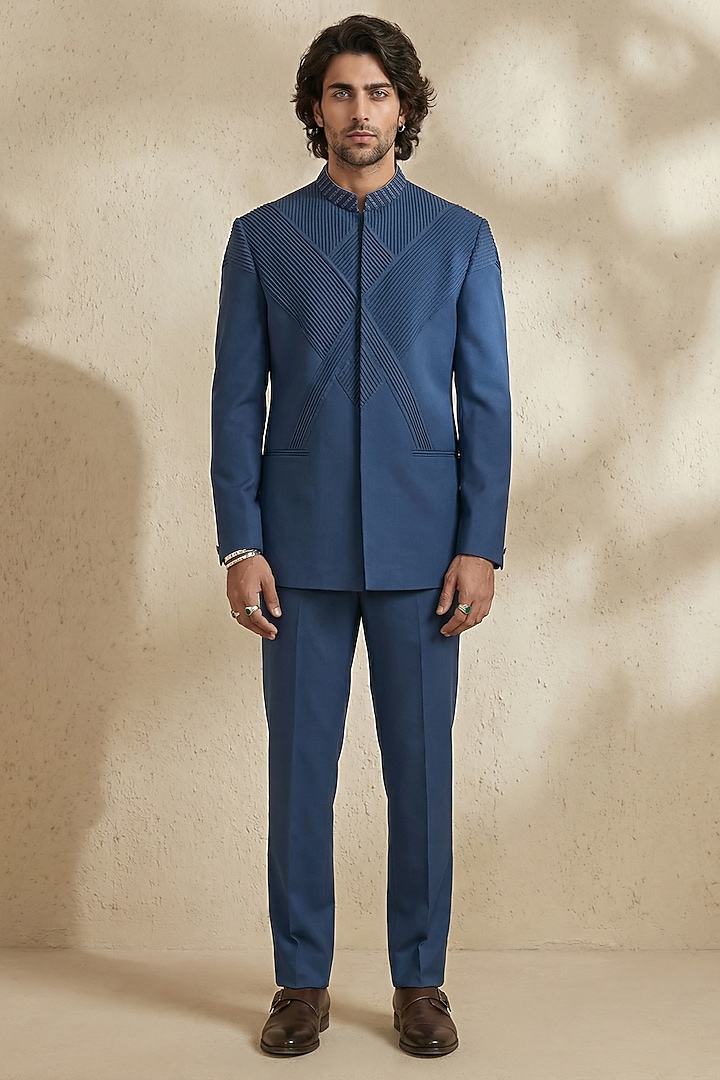 Cobalt Blue Wool Pintuck Embroidered Groom Bandhgala Set by Bubber Couture at Pernia's Pop Up Shop