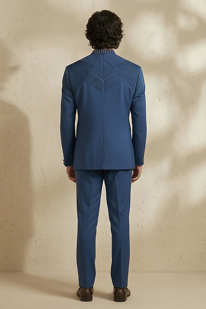 Cobalt Blue Wool Pintuck Embroidered Groom Bandhgala Set by Bubber Couture at Pernia's Pop Up Shop
