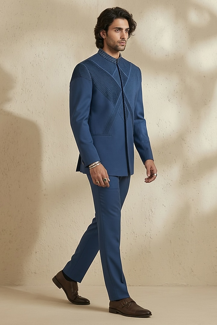 Cobalt Blue Wool Pintuck Embroidered Groom Bandhgala Set by Bubber Couture at Pernia's Pop Up Shop