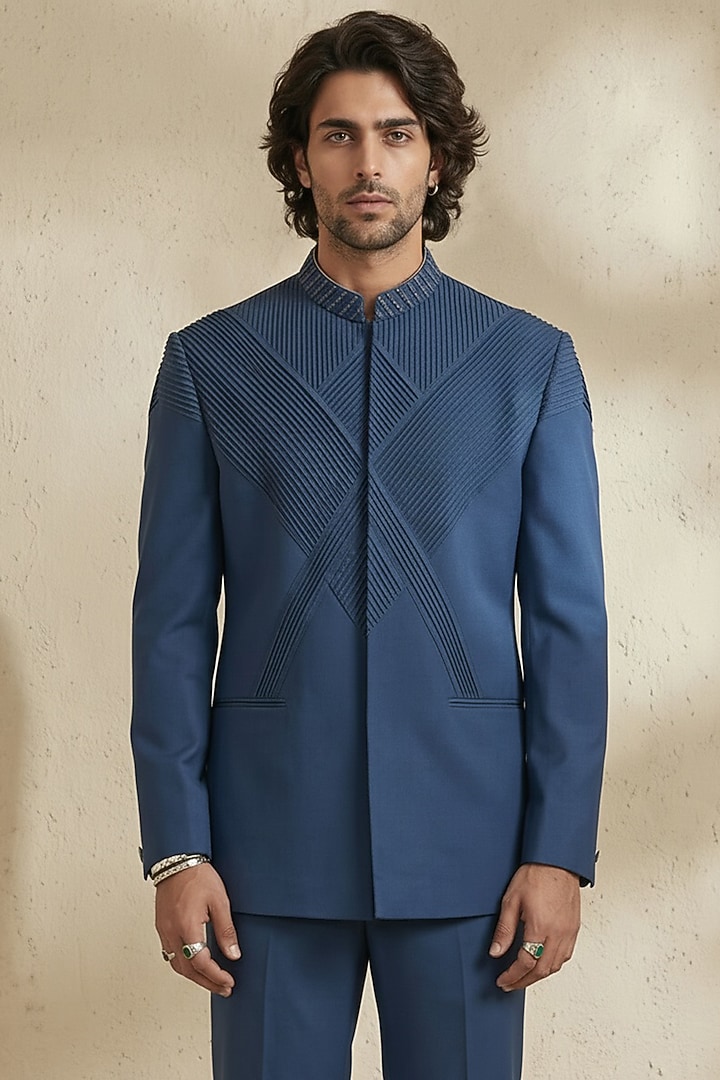Cobalt Blue Wool Pintuck Embroidered Groom Bandhgala Set by Bubber Couture at Pernia's Pop Up Shop