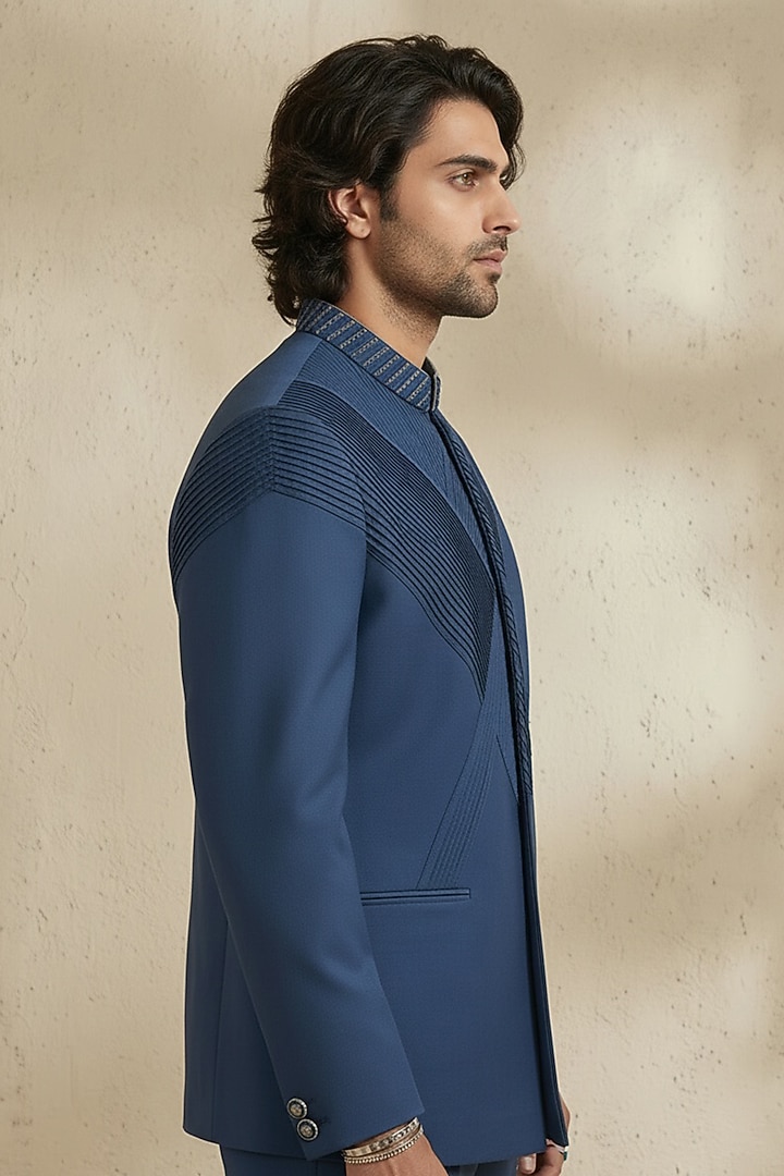 Cobalt Blue Wool Pintuck Embroidered Groom Bandhgala Set by Bubber Couture at Pernia's Pop Up Shop