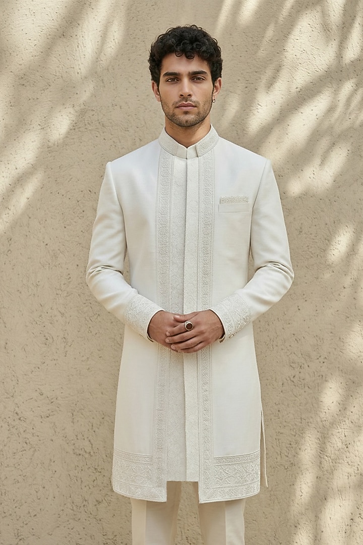 Off-White Raw Silk Embroidered Groom Sherwani by Bubber Couture at Pernia's Pop Up Shop