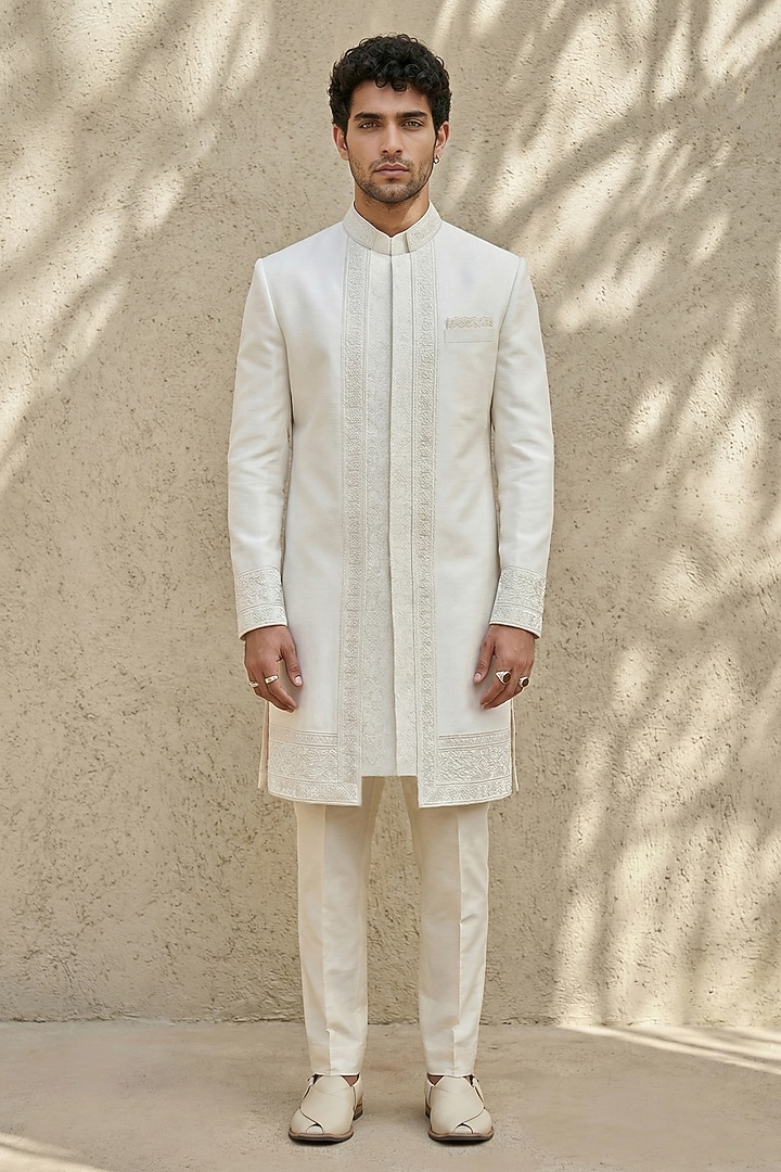 Off-White Raw Silk Embroidered Groom Sherwani by Bubber Couture at Pernia's Pop Up Shop