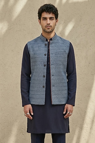Blue Cotton Silk Embroidered Bundi Jacket by Bubber Couture