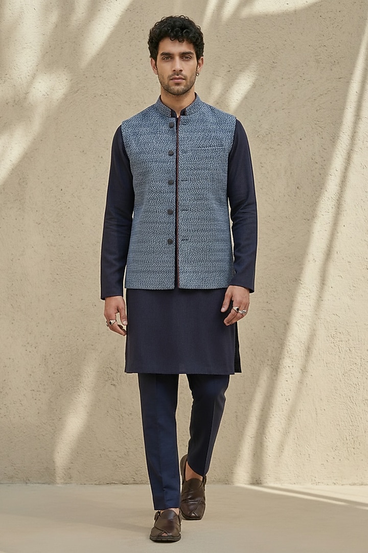 Blue Cotton Silk Embroidered Bundi Jacket by Bubber Couture at Pernia's Pop Up Shop
