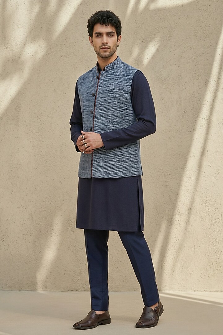 Blue Cotton Silk Embroidered Bundi Jacket by Bubber Couture at Pernia's Pop Up Shop