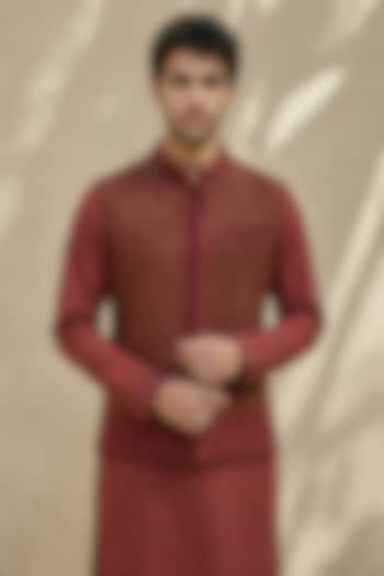 Maroon Matka Silk Embroidered Bundi Jacket by Bubber Couture at Pernia's Pop Up Shop