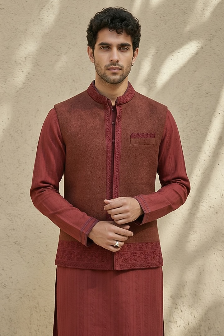 Maroon Matka Silk Embroidered Bundi Jacket by Bubber Couture at Pernia's Pop Up Shop