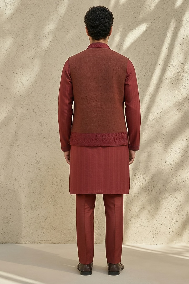 Maroon Matka Silk Embroidered Bundi Jacket by Bubber Couture at Pernia's Pop Up Shop
