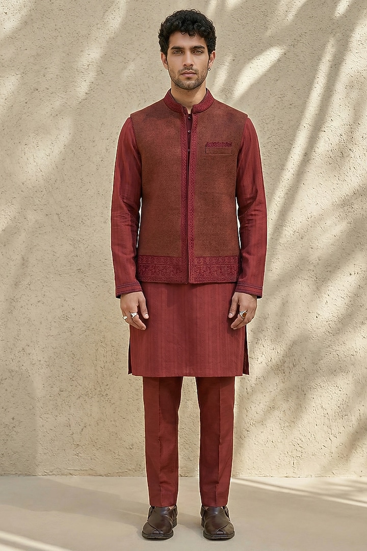 Maroon Matka Silk Embroidered Bundi Jacket by Bubber Couture at Pernia's Pop Up Shop