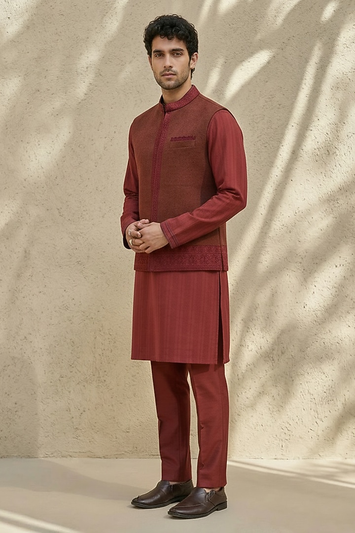 Maroon Matka Silk Embroidered Bundi Jacket by Bubber Couture at Pernia's Pop Up Shop