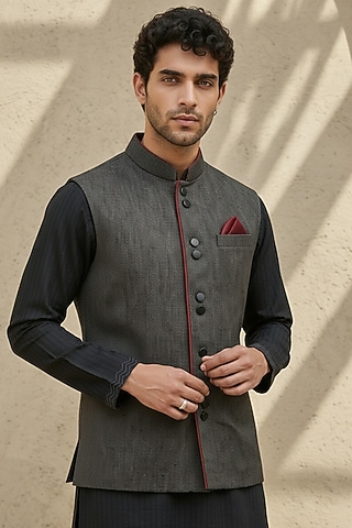 Black Cotton Silk Embroidered Bundi Jacket by Bubber Couture