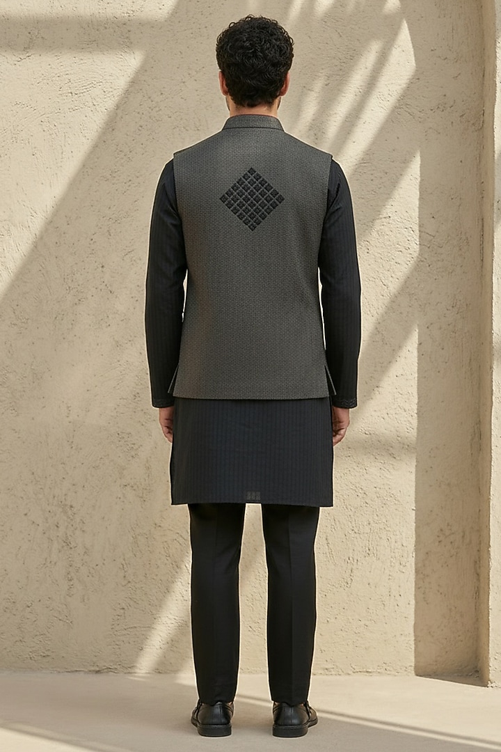Black Cotton Silk Embroidered Bundi Jacket by Bubber Couture at Pernia's Pop Up Shop