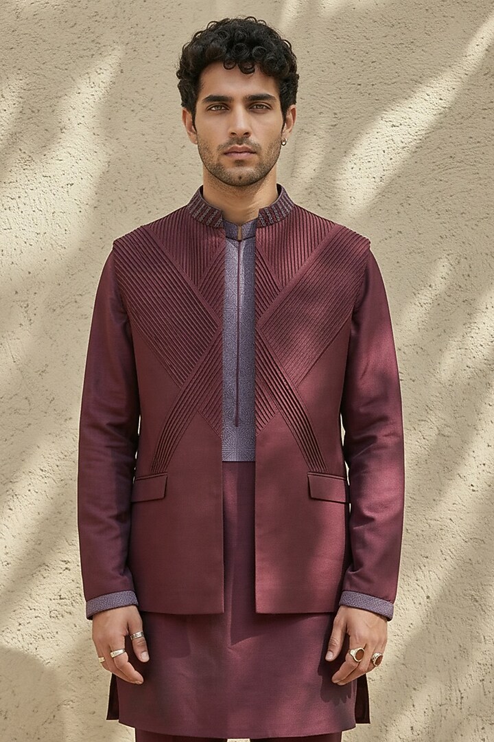 Maroon Wool Pintuck Embroidered Bundi Jacket by Bubber Couture at Pernia's Pop Up Shop