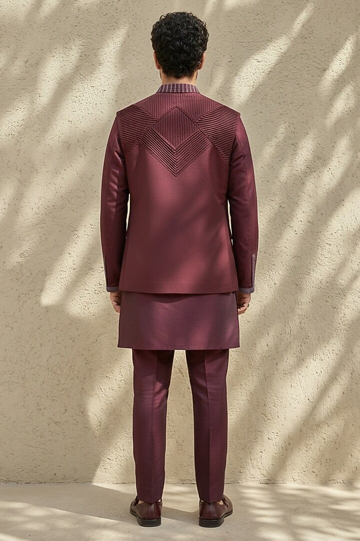 Maroon Wool Pintuck Embroidered Bundi Jacket by Bubber Couture at Pernia's Pop Up Shop