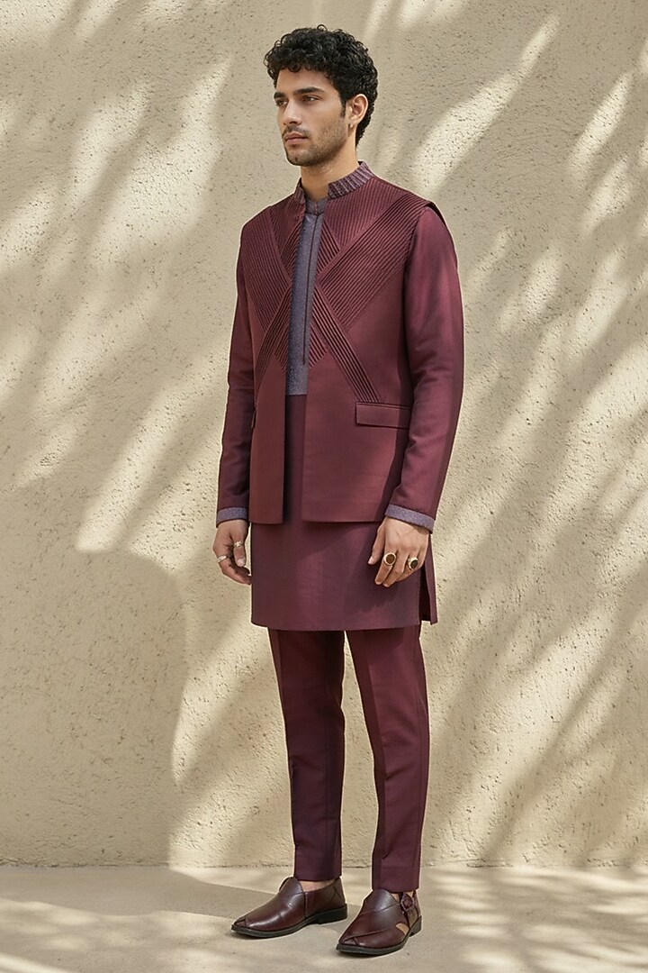 Maroon Wool Pintuck Embroidered Bundi Jacket by Bubber Couture at Pernia's Pop Up Shop